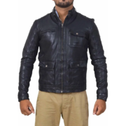 1 Zipper & 3 Flap Pockets Black Leather Jacket For Men