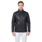 Dark Blue Real Black Leather Jacket For Men with 4 Flap Pockets