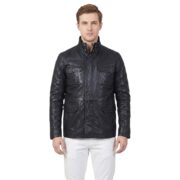 Dark Blue Real Black Leather Jacket For Men with 4 Flap Pockets