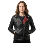 Black Belted Leather Jacket with Red Lining