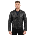 Black Brando Shoulder Sleeve Padded Genuine Leather Jacket