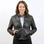 Black Handmade Padded Real Leather Jacket with Gold Zippers