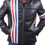 Black Leather Jacket USA Flag Stripes