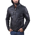 Black Men Solid Leather Jacket