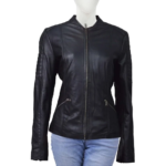 Black Soft Collarless Leather Jacket With Quilted Sleeves