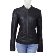 Black Soft Collarless Leather Jacket With Quilted Sleeves