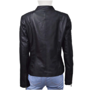 Black Soft Collarless Leather Jacket With Quilted Sleeves - Image 2
