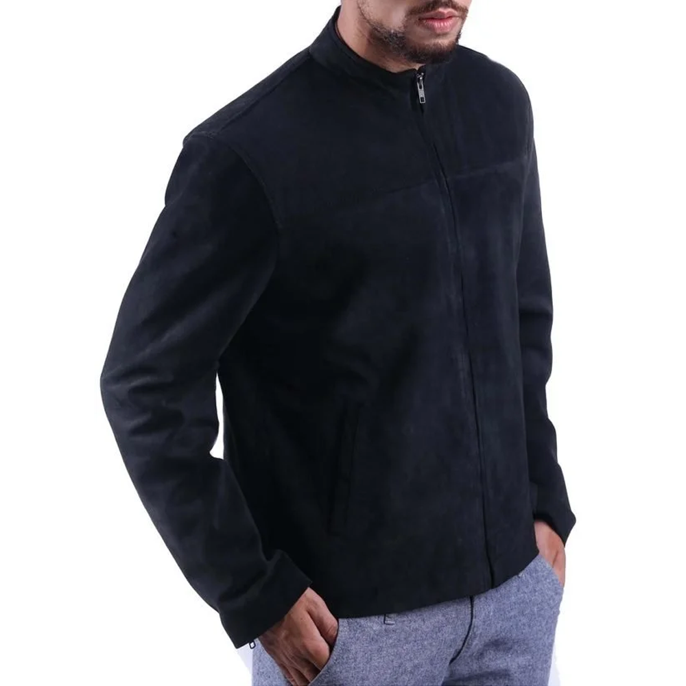 Black Suede Leather Jacket In Neck Collar For Men Black Suede Leather Jacket In Neck Collar For Men - Image 1