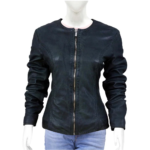 Blackish Blue Round Neck Leather Jacket for Women
