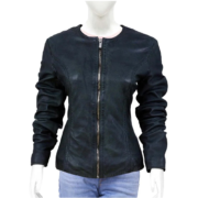 Blackish Blue Round Neck Leather Jacket for Women