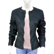 Blackish Blue Round Neck Leather Jacket for Women - Image 2