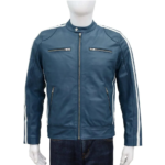 Blue Men Leather Jacket With White Stripes Sleeves