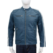 Blue Men Leather Jacket With White Stripes Sleeves