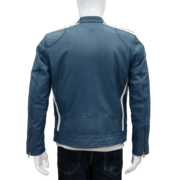 Blue Men Leather Jacket With White Stripes Sleeves - Image 2