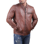 Brown Real Leather Jacket With Zipper Pockets