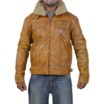 Camel Brown B3 Bomber Shearling Collar Leather Jacket with Viscose Lining