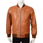 Camel Brown Bomber Leather Jacket With Rib Knit For Men