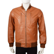 Camel Brown Bomber Leather Jacket With Rib Knit For Men