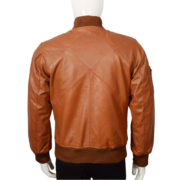 Camel Brown Bomber Leather Jacket With Rib Knit For Men - Image 2
