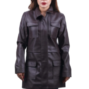 Chocolate Brown Flap Pockets Long Leather Coat For Women