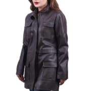 Chocolate Brown Flap Pockets Long Leather Coat For Women - Image 2