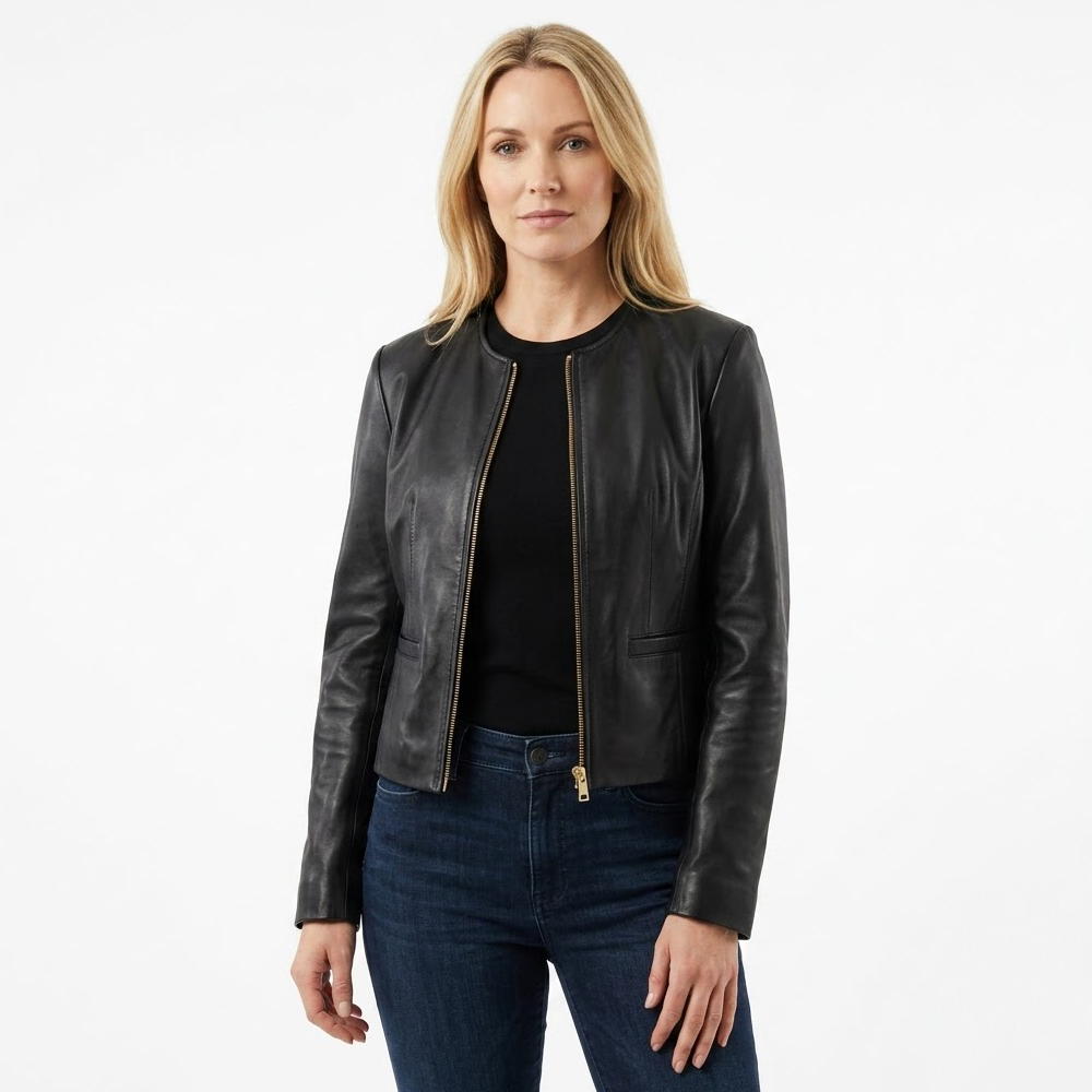 Collarless Lamb Leather Jacket Collarless Lamb Leather Jacket - Image 1