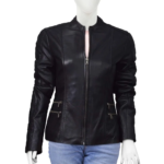 Dark Black Double Zipper Real Leather Jacket For Women
