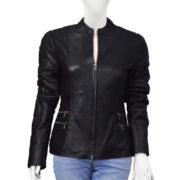 Dark Black Double Zipper Real Leather Jacket For Women