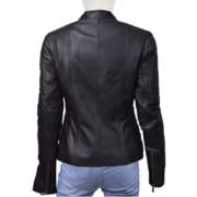Dark Black Double Zipper Real Leather Jacket For Women - Image 2