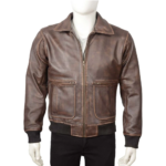 Dark Brown Vintage Bomber Leather Jacket With Rib Knit For Men