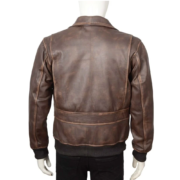 Dark Brown Vintage Bomber Leather Jacket With Rib Knit For Men - Image 2