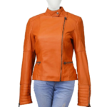 Deep Orange Long Sleeves Leather Jacket For Women