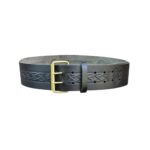 Double Prong Swirl Embossed Black Leather Kilt Belt