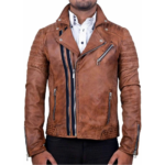 Double Zipper Brown Leather Jacket For Men