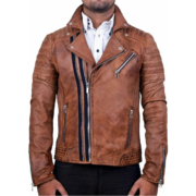 Double Zipper Brown Leather Jacket For Men