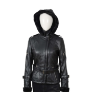 Flap And Buckle Shearling Leather Coat With Hoodie For Women