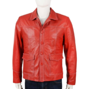 Flap Pockets Men Red Leather Jacket