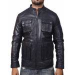 Four Flap Pockets Real Black Wax Leather Jacket For Men