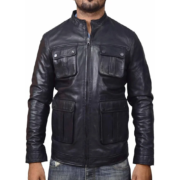 Four Flap Pockets Real Black Wax Leather Jacket For Men