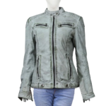Four Zipper Gray Leather Jacket For Women