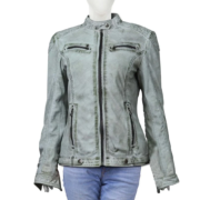 Four Zipper Gray Leather Jacket For Women