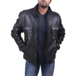 Front Flap Pockets Black Leather Jacket for Men
