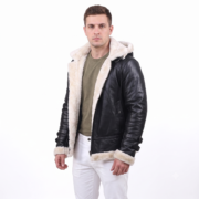 Black Soft And Real Leather Jacket With B3 White Shearling For Men - Image 2