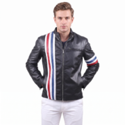 Black Leather Jacket USA Flag Stripes