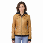 Mustard Zipper Leather Jacket With Inside Hoodie Jacket For Women