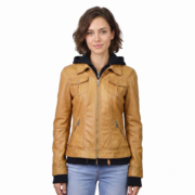 Mustard Zipper Leather Jacket With Inside Hoodie Jacket For Women