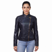 Long Sleeves Simple Black Real Leather Biker Jacket For Women