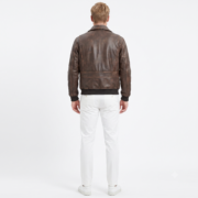 Dark Brown Vintage Bomber Leather Jacket With Rib Knit For Men - Image 2
