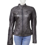 Gray Wax Leather Jacket Stylish Zippers Jacket For Women