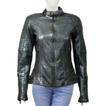 Green Casual Zippers Leather Jacket with Quilted Sleeves For Women